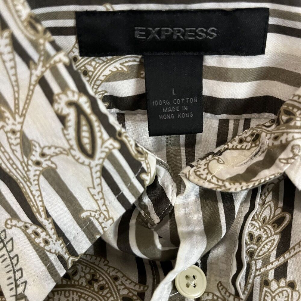 Express Men's White Brown‎ Print Stripe Button Down Long Sleeve Y2K Shirt Large - Picture 6 of 12